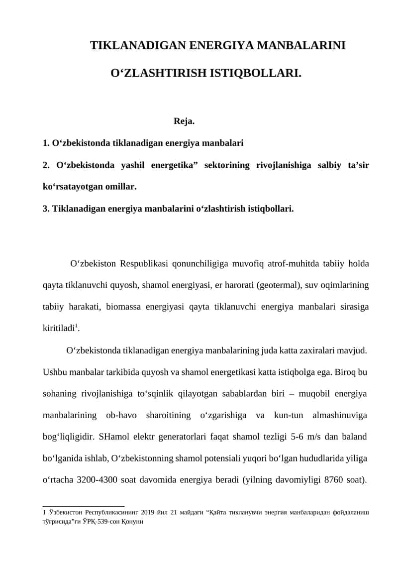 Tiklanadigan energiya manbalarini o‘zlashtirish istiqbollari 1