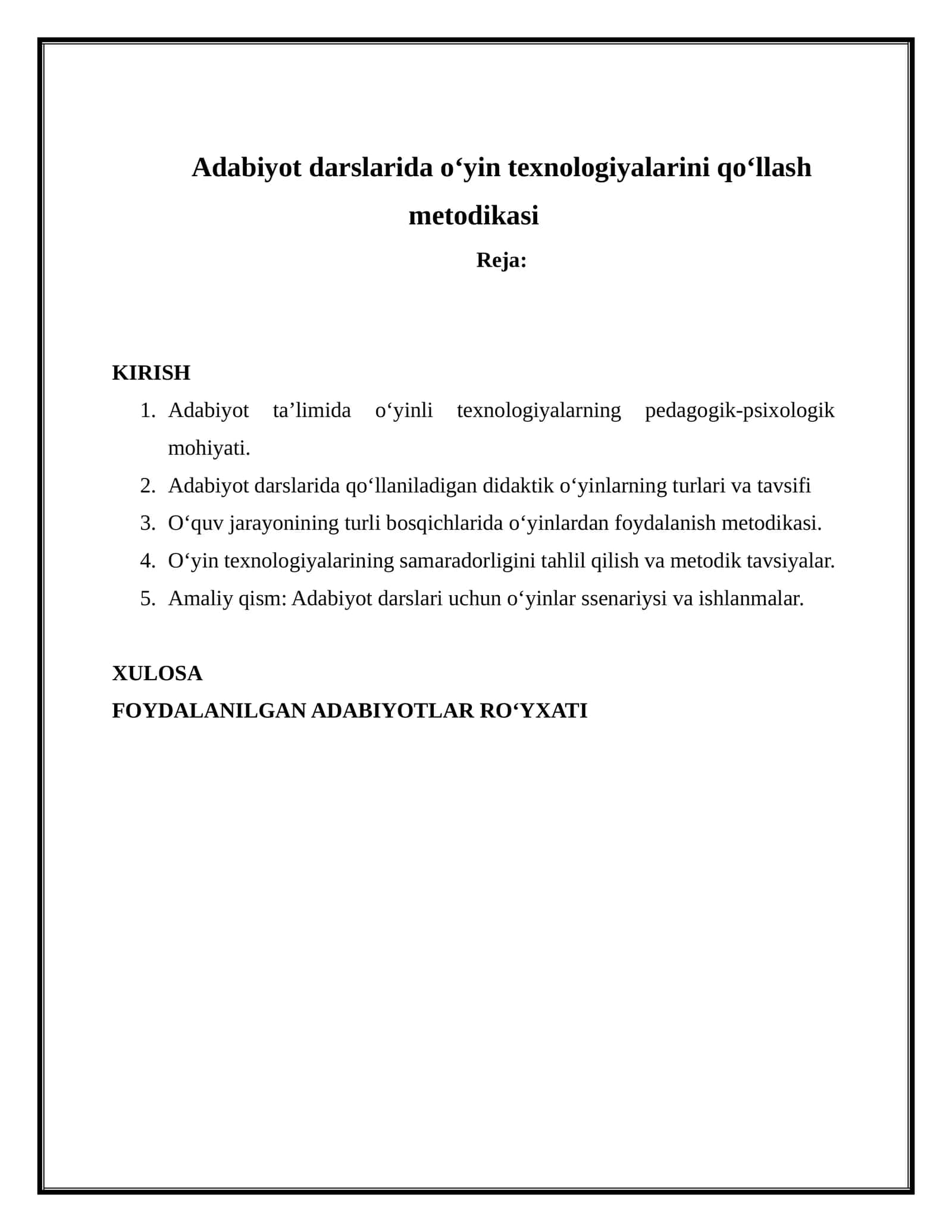 Adabiyot darslarida o‘yin texnologiyalarini qo‘llash metodikasi 1