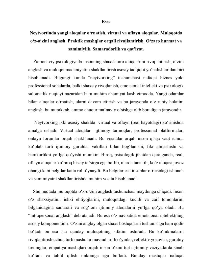 Neytvortinda yangi aloqalar o‘rnatish, virtual va oflayn aloqalar. Muloqotda o‘z-o‘zini anglash. 1