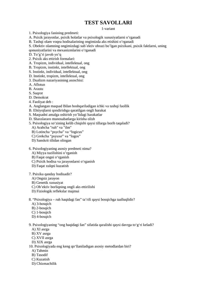 Psixologiya fani test savollari 1