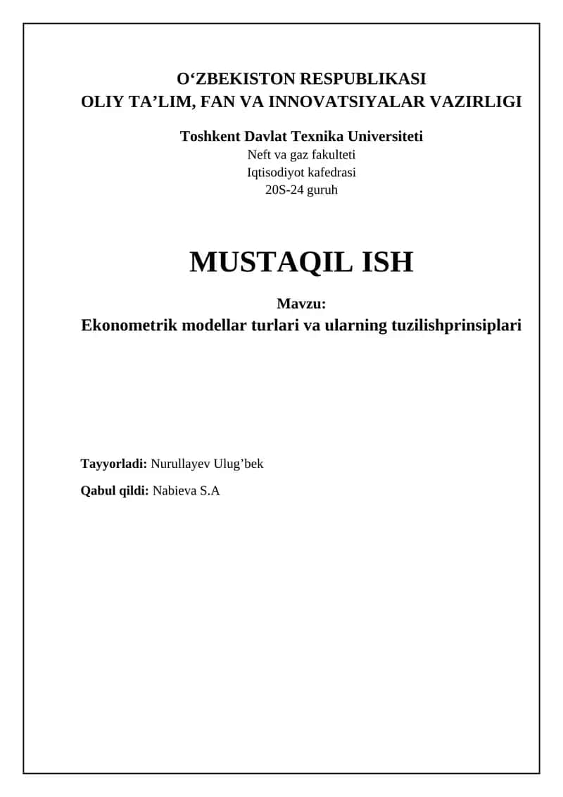 Ekonometrik modellarni baholash usullari 1