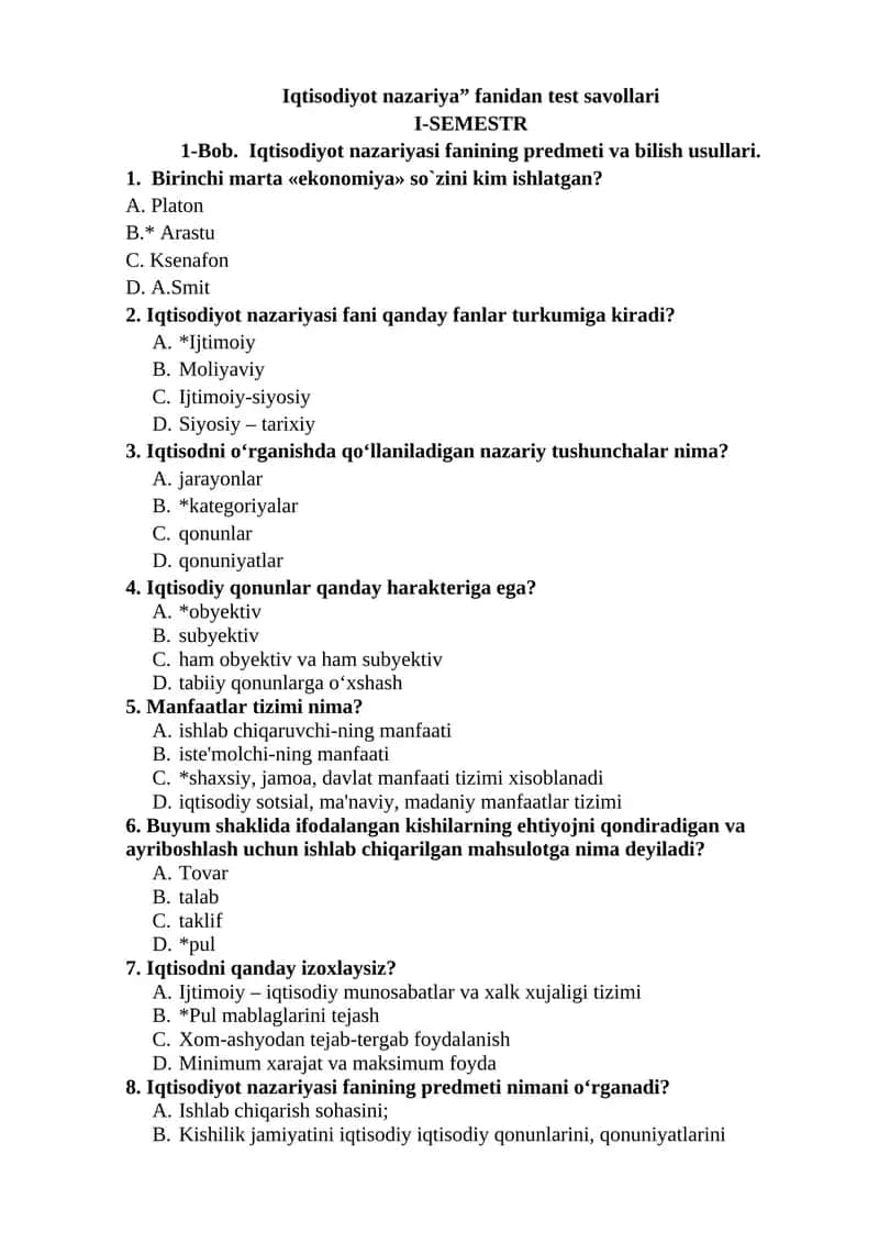 Iqtisodiyot nazariyasi test savollari 1