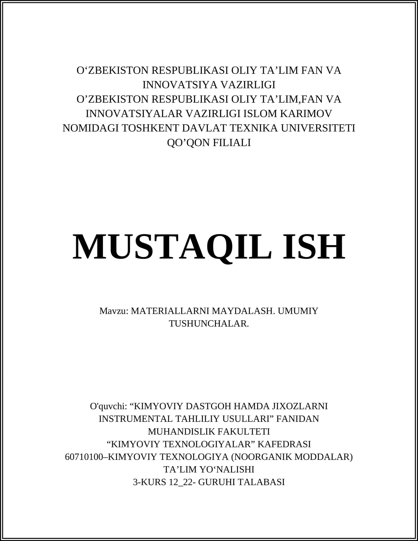 MATERIALLARNI MAYDALASH. UMUMIY TUSHUNCHALAR 1