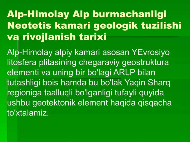 Alp-Himolay Alp burmachanligi Neotetis kamari geologik tuzilishi va rivojlanish tarixi 1