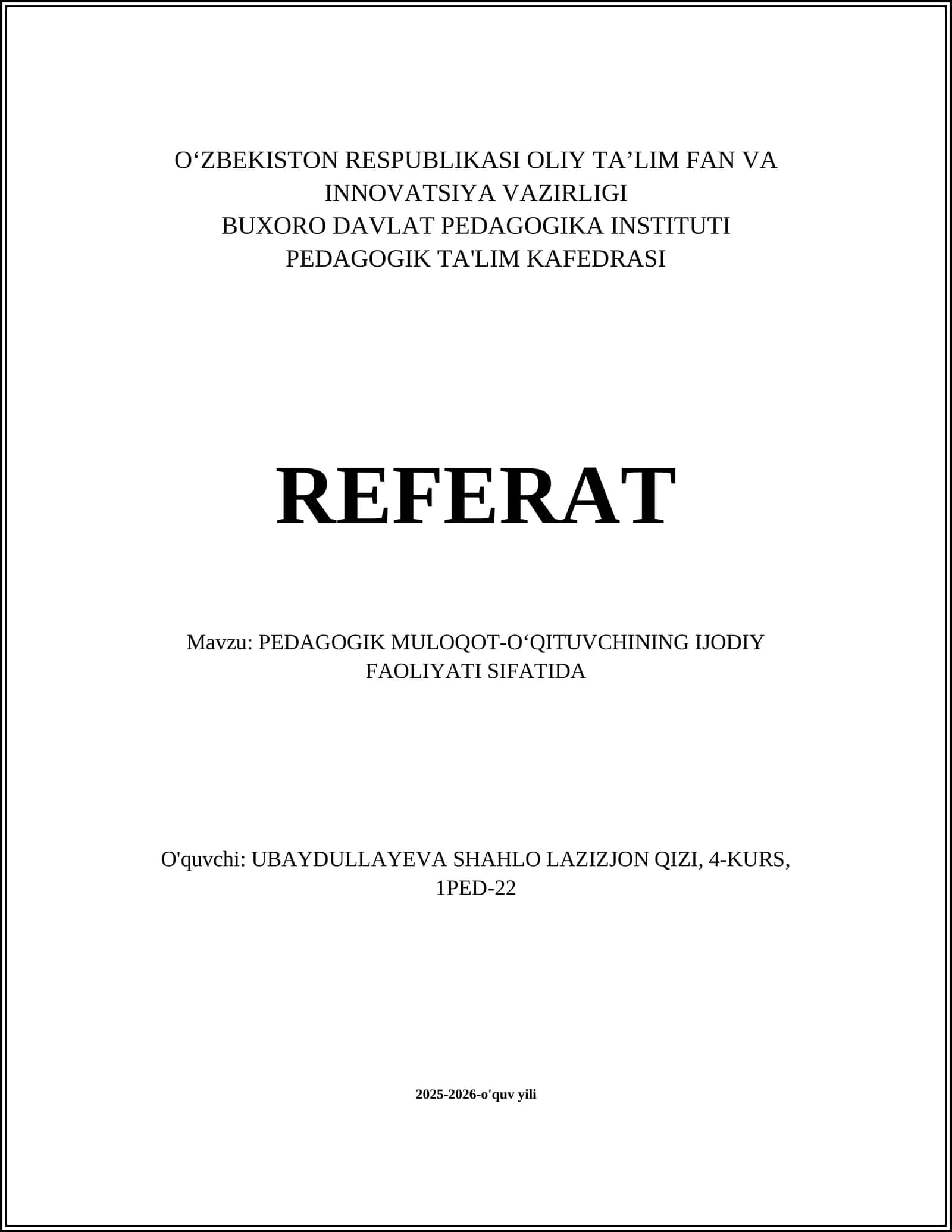 N//PEDAGOGIK MULOQOT-O‘QITUVCHINING IJODIY FAOLIYATI SIFATIDA 1