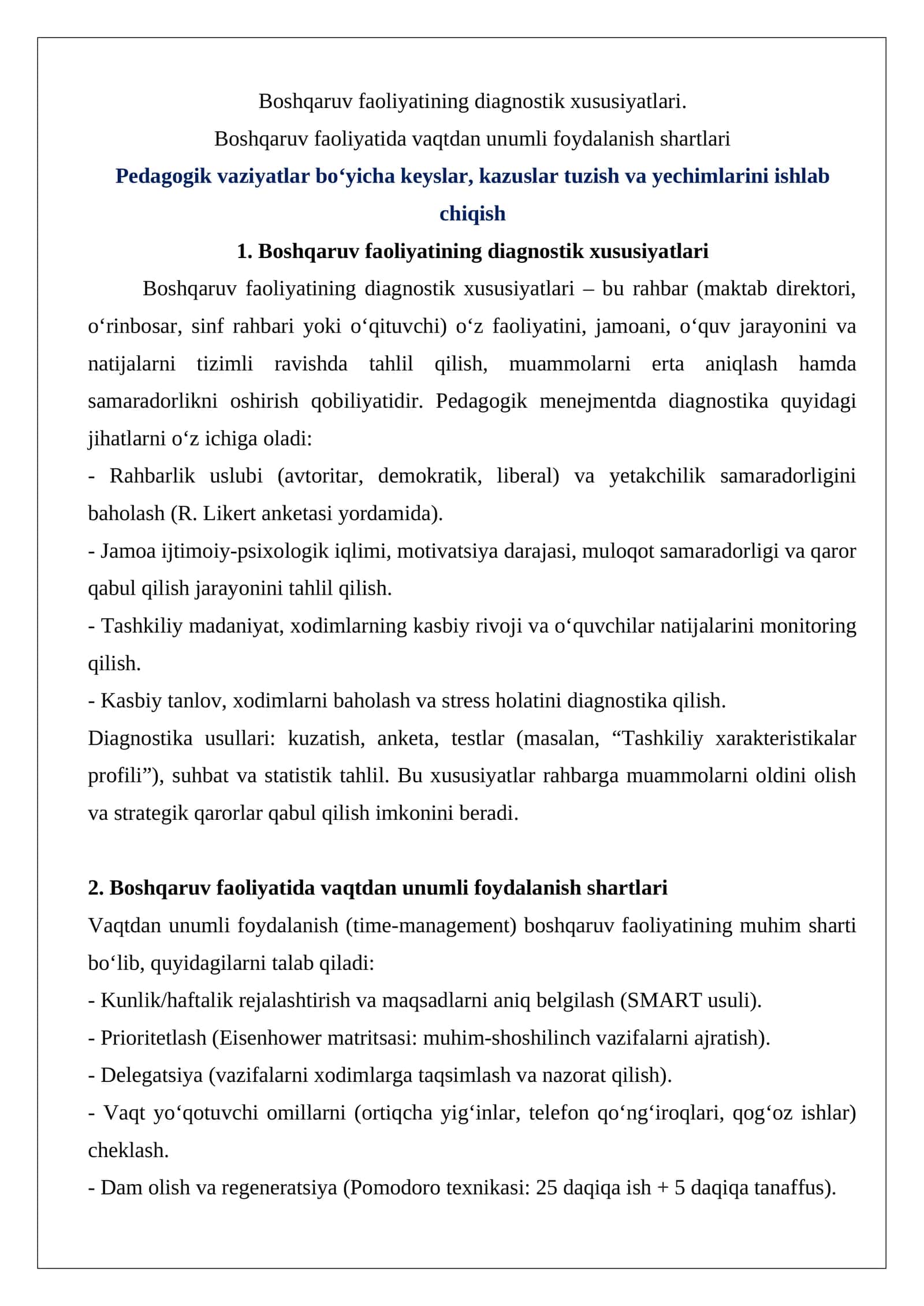 Boshqaruv faoliyatining diagnostik xususiyatlari 1