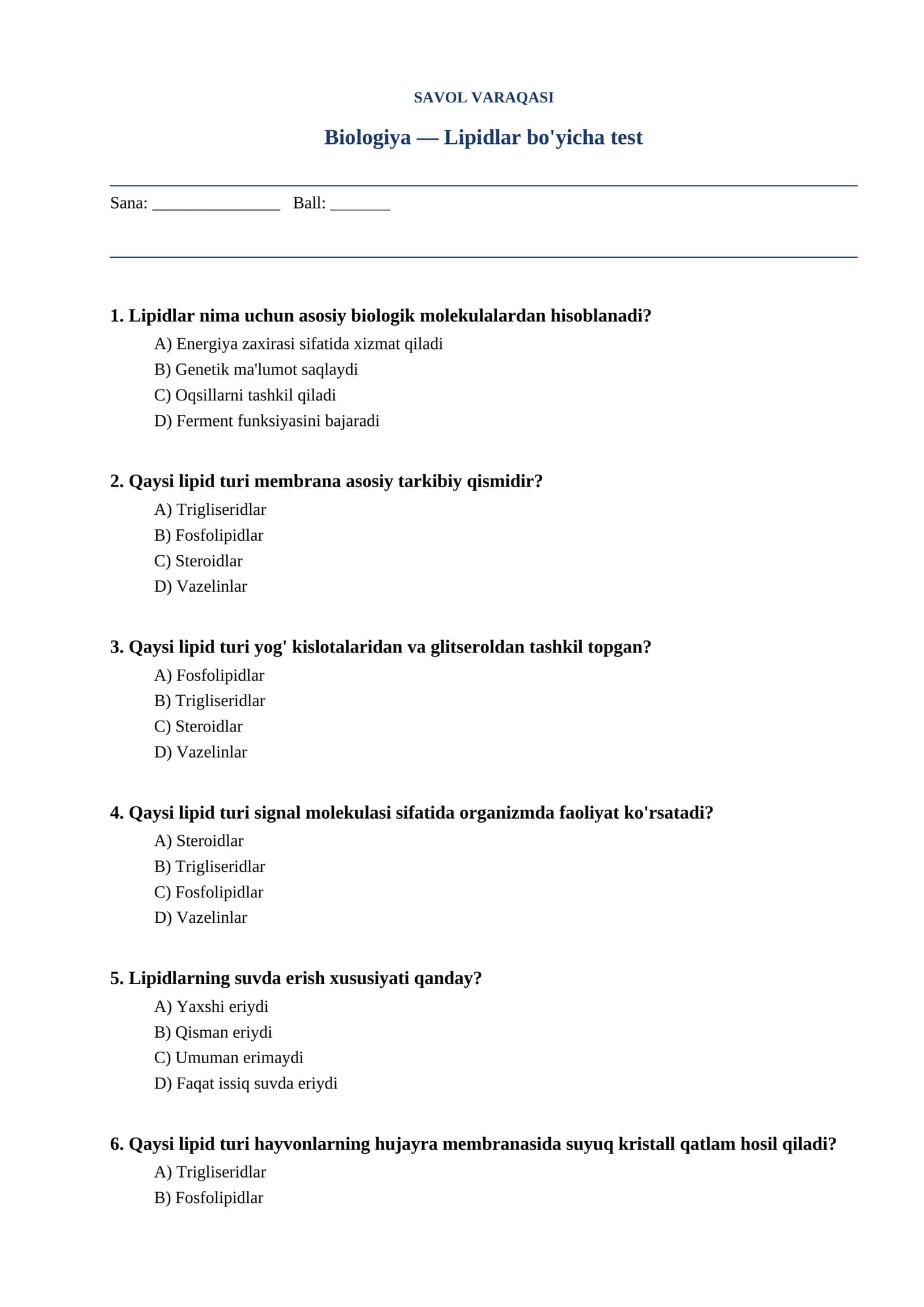 Lipidlar bo'yicha test 1