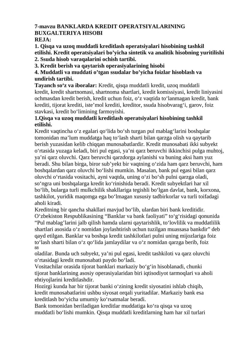 BANKLARDA KREDIT OPERATSIYALARINING BUXGALTERIYA HISOBI 1