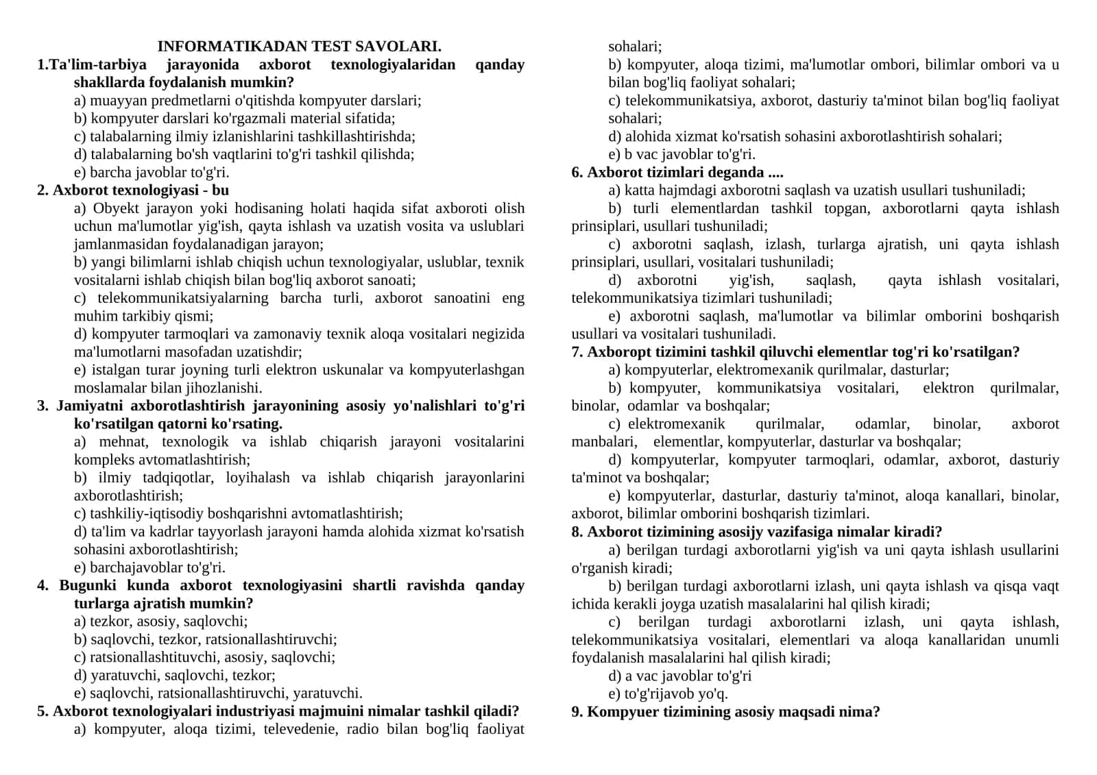 INFORMATIKADAN TEST SAVOLARI 1