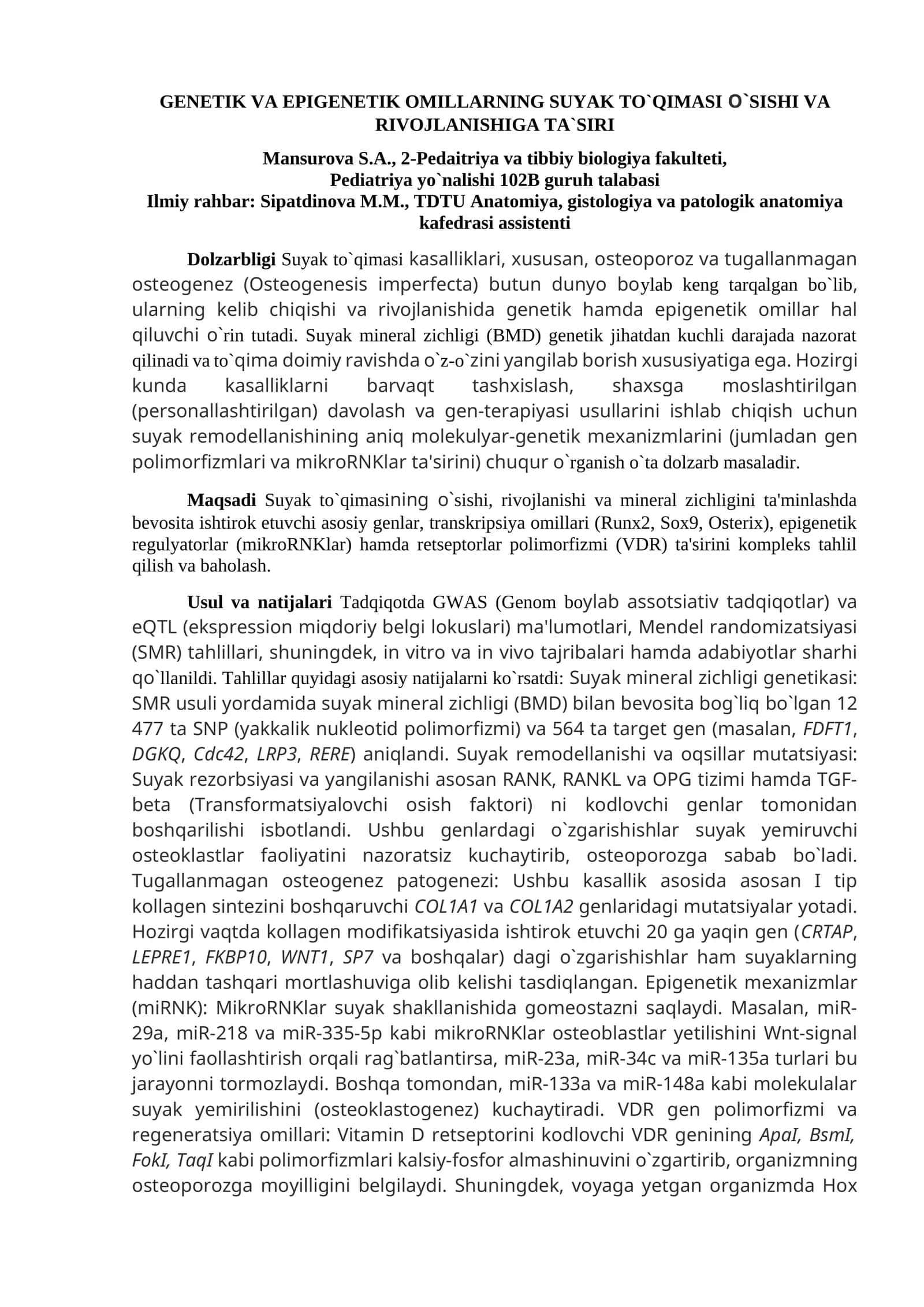 GENETIK VA EPIGENETIK OMILLARNING SUYAK TO`QIMASI O`SISHI VA RIVOJLANISHIGA TA`SIRI 1