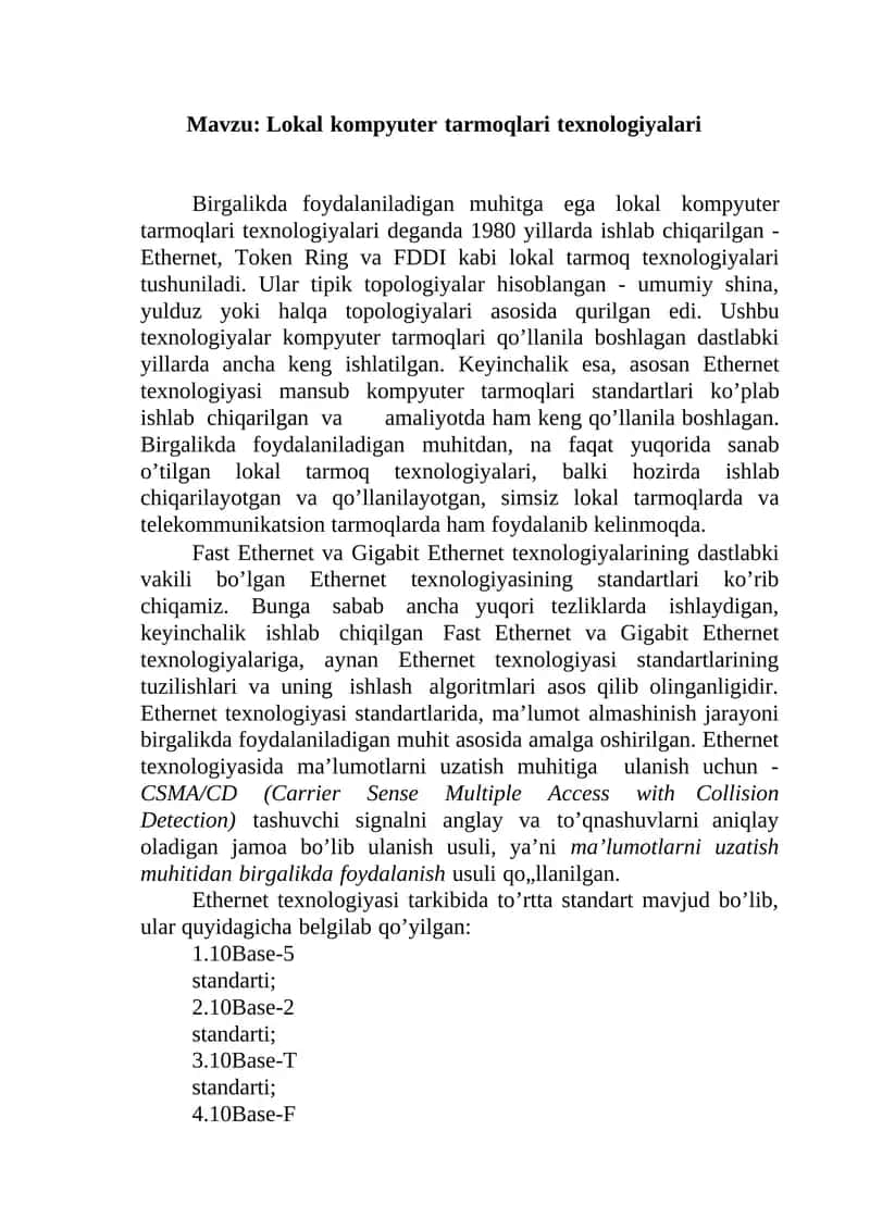 Lokal kompyuter tarmoqlari texnologiyalari 1