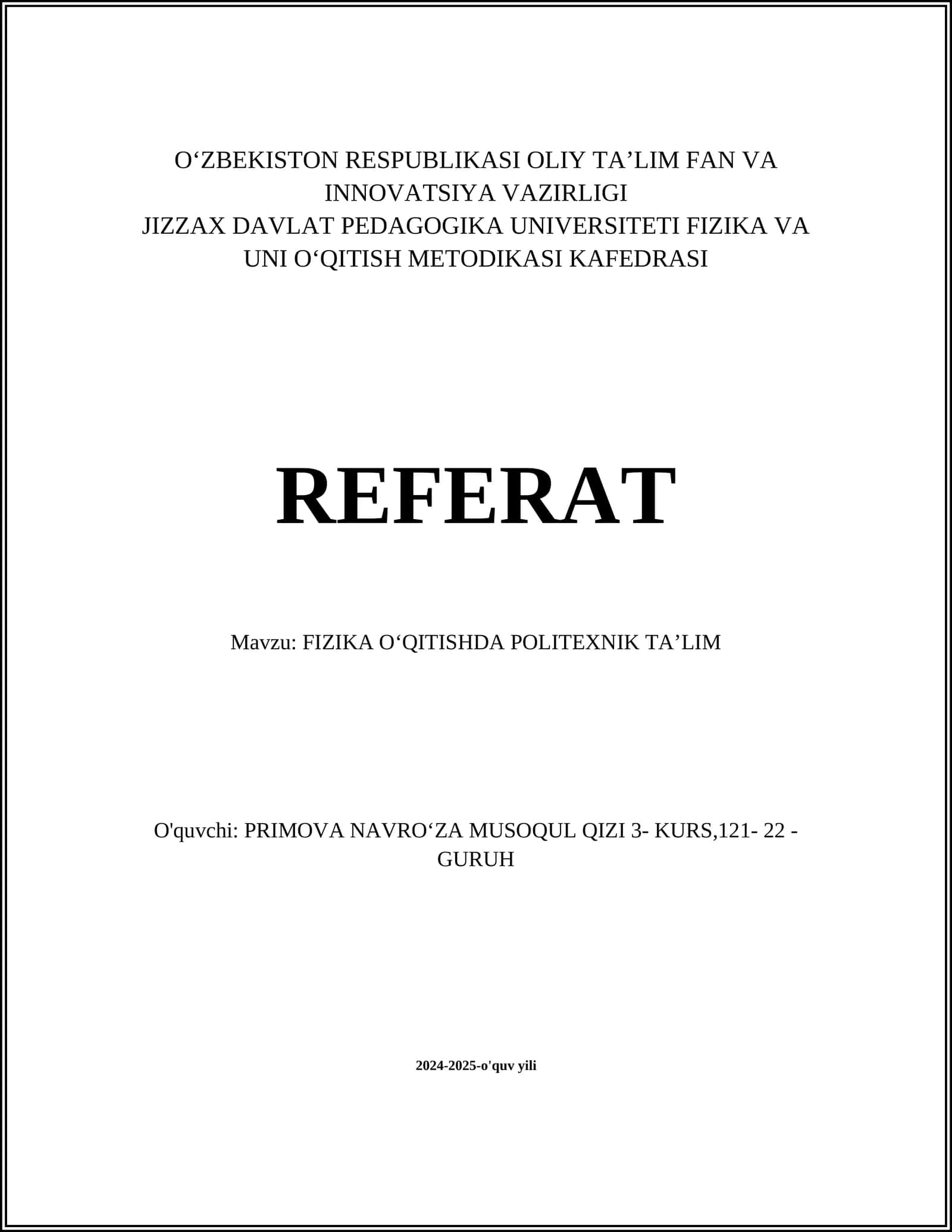 FIZIKA OʻQITISHDA POLITEXNIK TAʼLIM 1