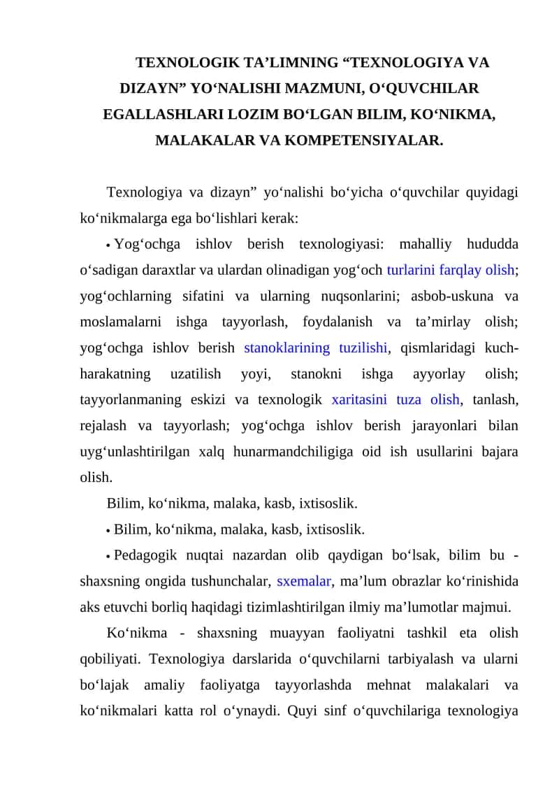 TEXNOLOGIK TA’LIMNING “TEXNOLOGIYA VA DIZAYN” YO‘NALISHI MAZMUNI 1