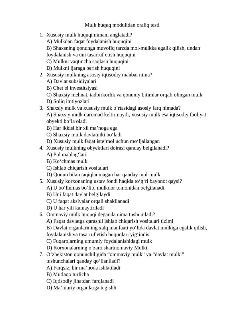 Mulk huquq modulidan oraliq testi 1