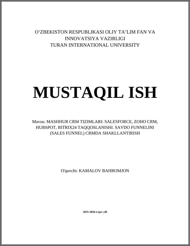 MASHHUR CRM TIZIMLARI: SALESFORCE, ZOHO CRM, HUBSPOT, BITRIX24 TAQQOSLANISHI 1