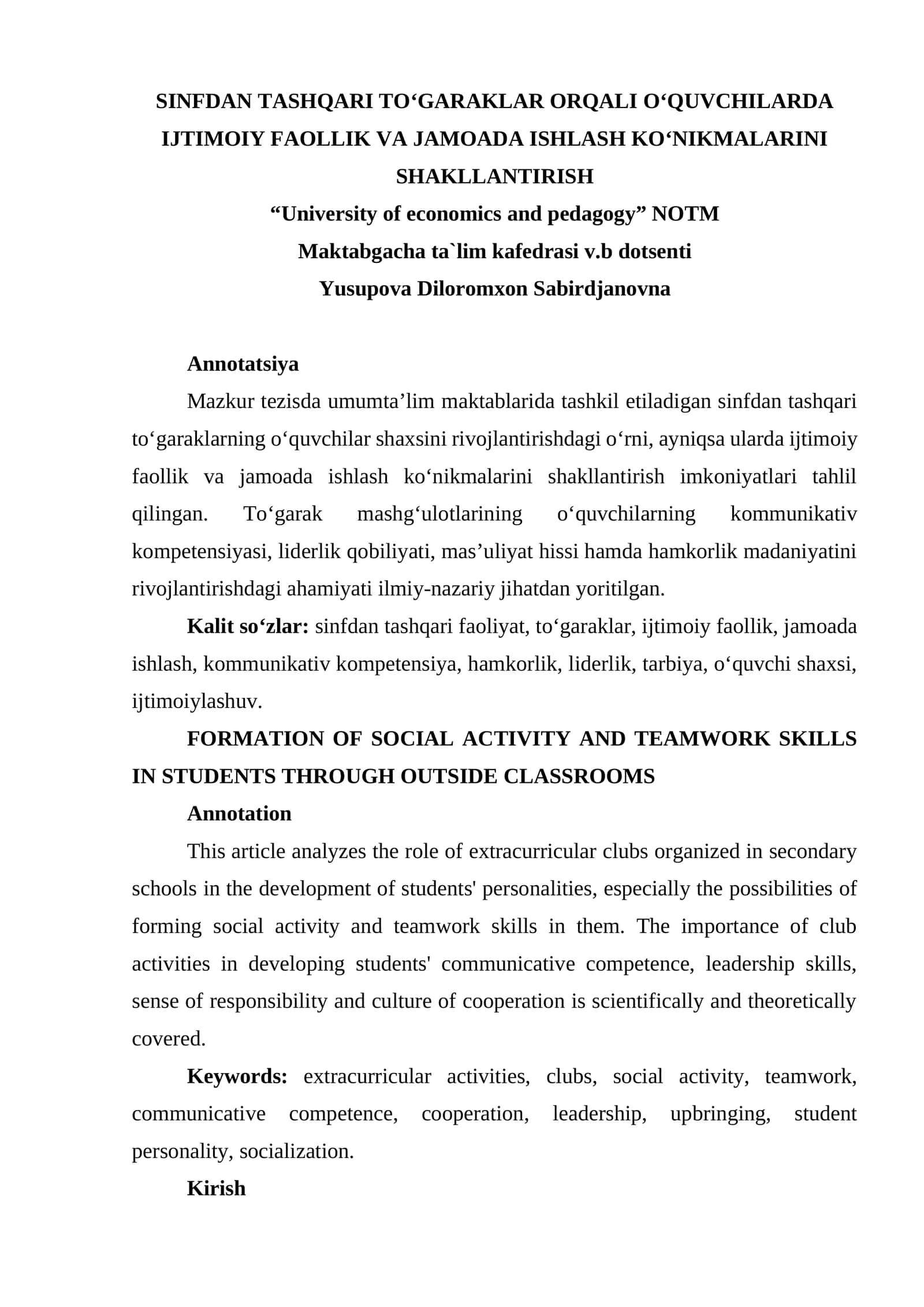 SINFDAN TASHQARI TO‘GARAKLAR ORQALI O‘QUVCHILARDA IJTIMOIY FAOLLIK VA JAMOADA ISHLASH KO‘NIKMALARINI SHAKLLANTIRISH 1