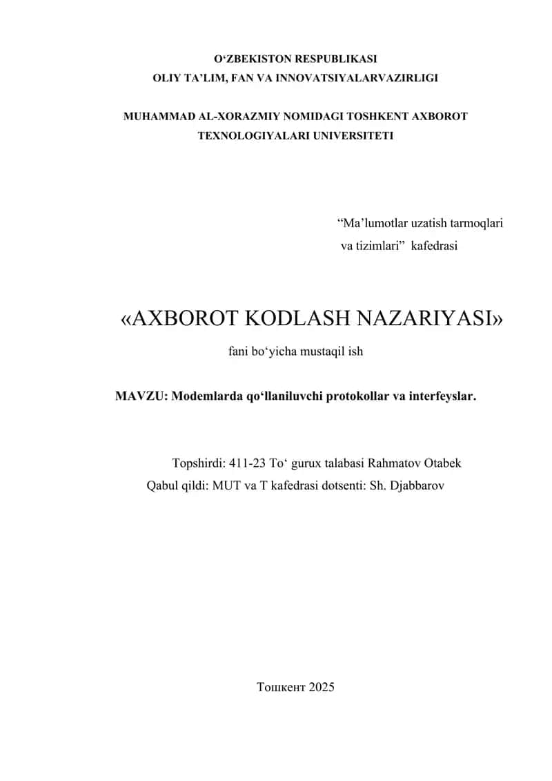 Modemlarda qo‘llaniluvchi protokollar va interfeyslar 1