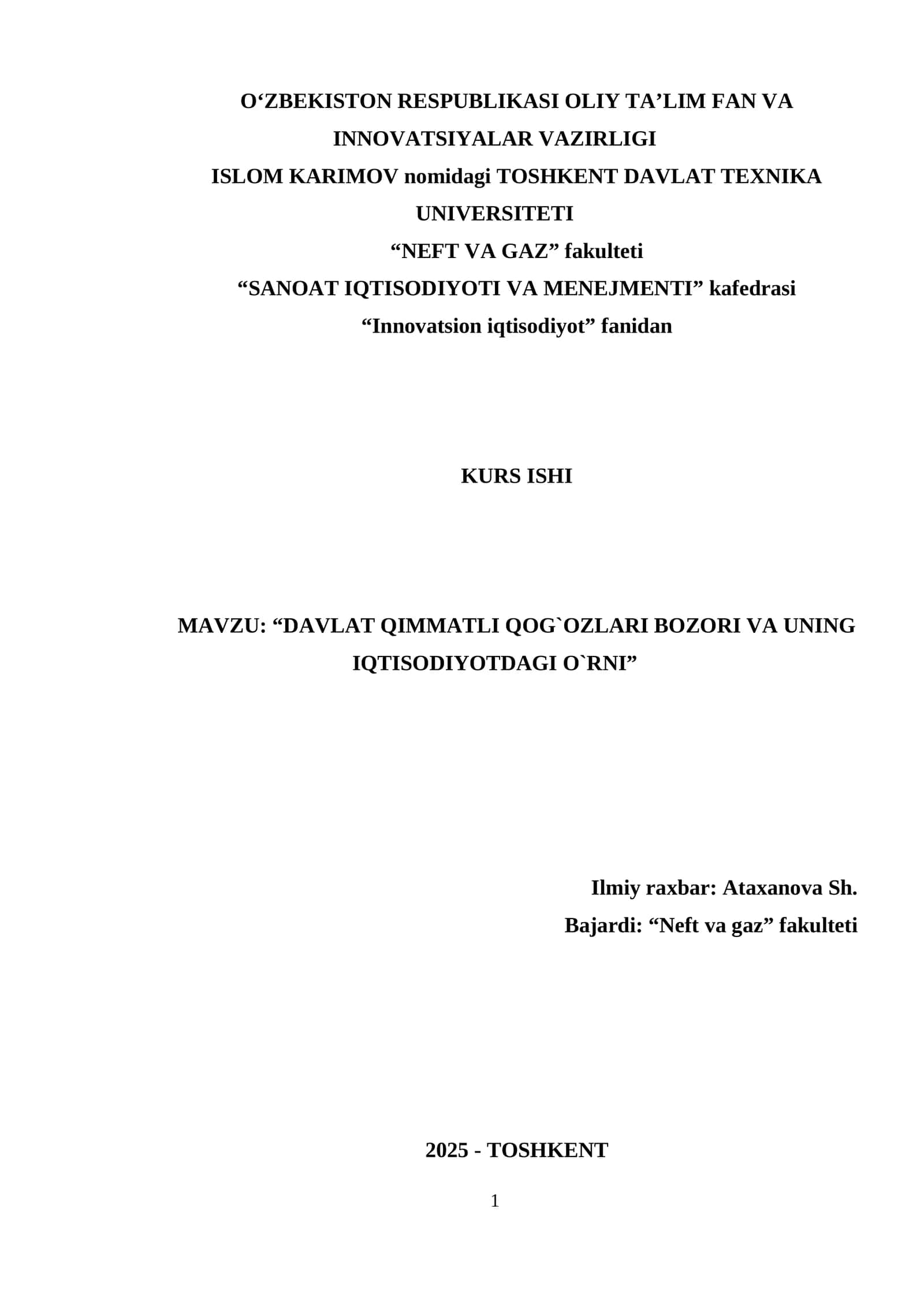 DAVLAT QIMMATLI QOG`OZLARI BOZORI VA UNING IQTISODIYOTDAGI O`RNI 1