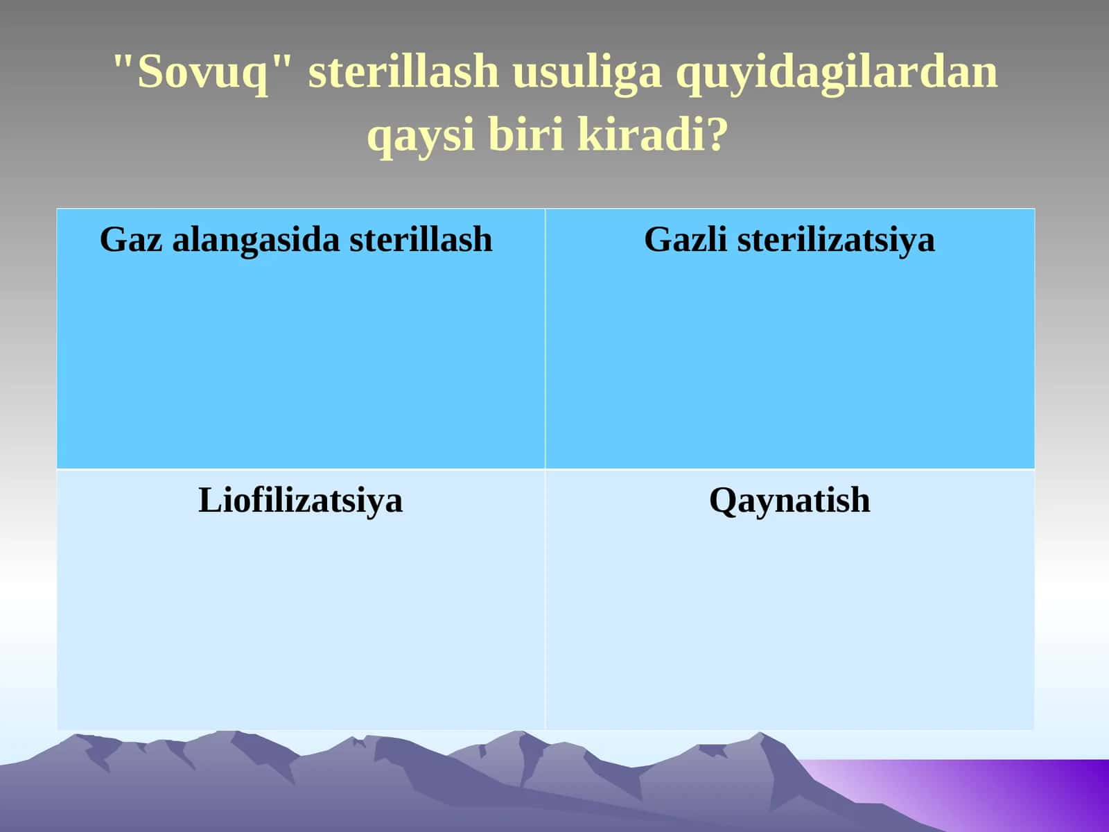 Sovuq" sterillash usuliga quyidagilardan qaysi biri kiradi? 1