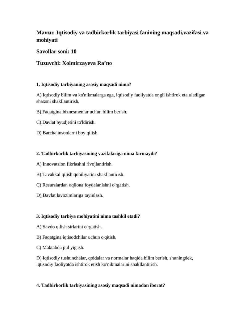 Iqtisodiy va tadbirkorlik tarbiyasi 1