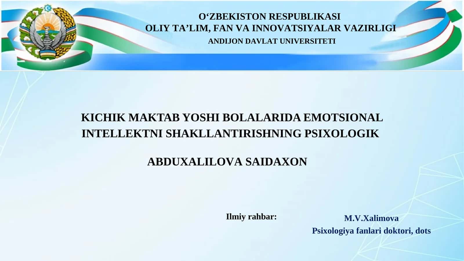 KICHIK MAKTAB YOSHI BOLALARIDA EMOTSIONAL INTELLEKTNI SHAKLLANTIRISHNING PSIXOLOGIK 1