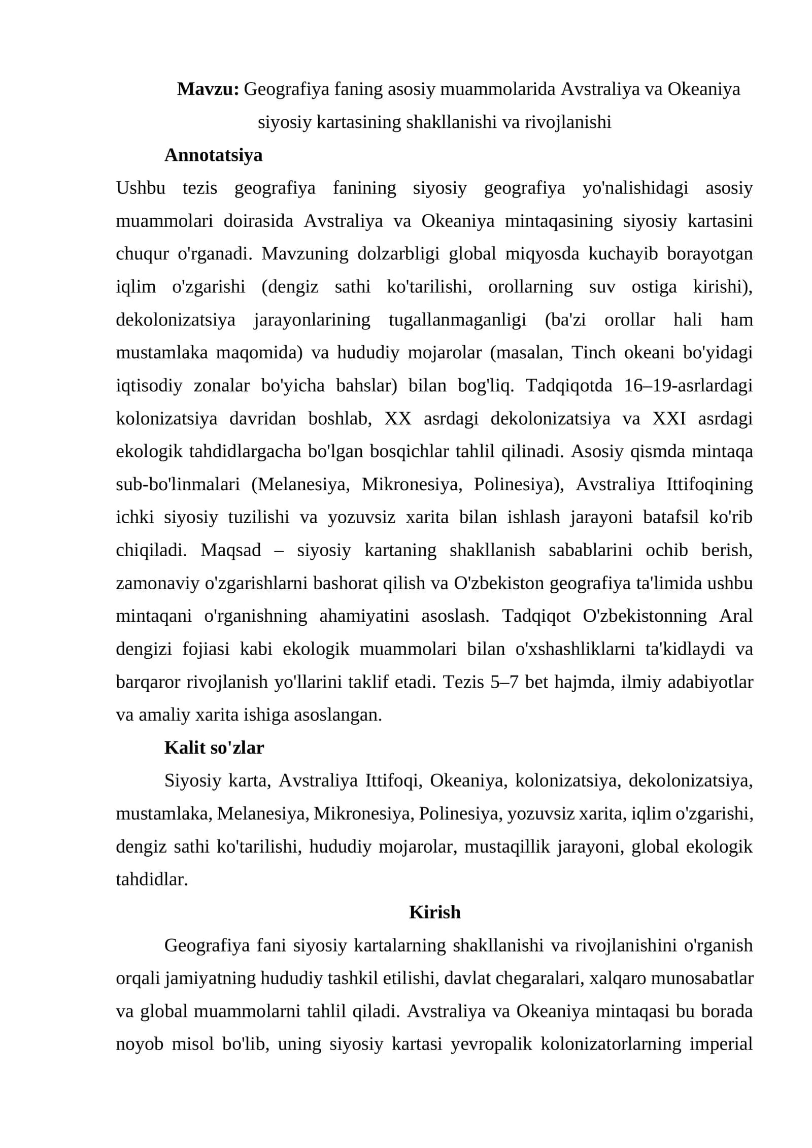 Geografiya faning asosiy muammolarida Avstraliya va Okeaniya siyosiy kartasining shakllanishi va rivojlanishi 1