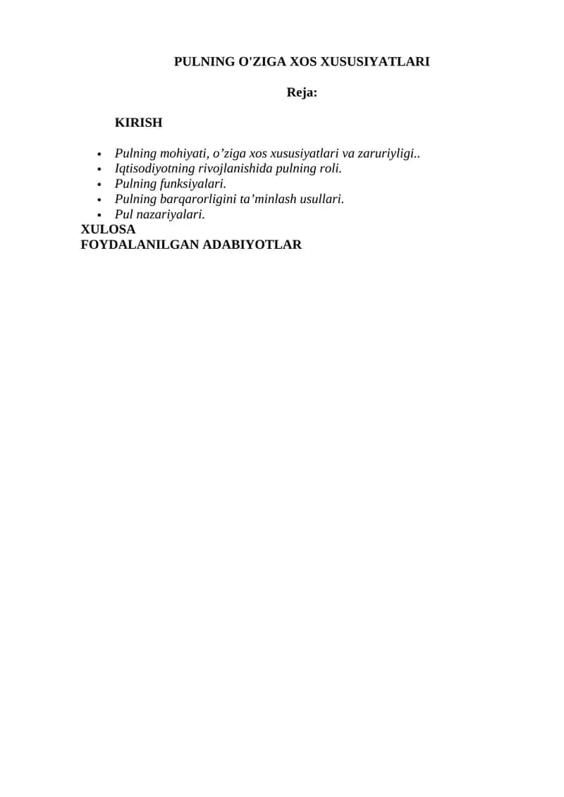 Pulning o'ziga xos xususiyatlari 1