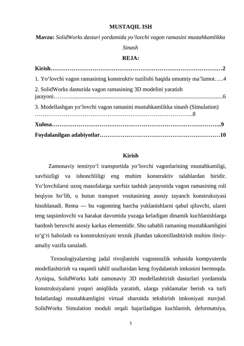 SolidWorks dasturi yordamida yo‘lovchi vagon ramasini mustahkamlikka Sinash 1