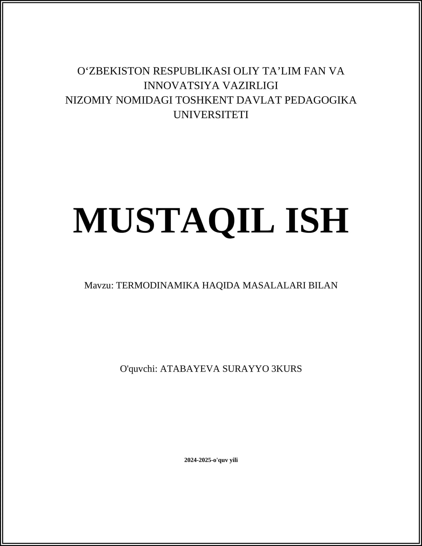 TERMODINAMIKA HAQIDA MASALALARI BILAN 1