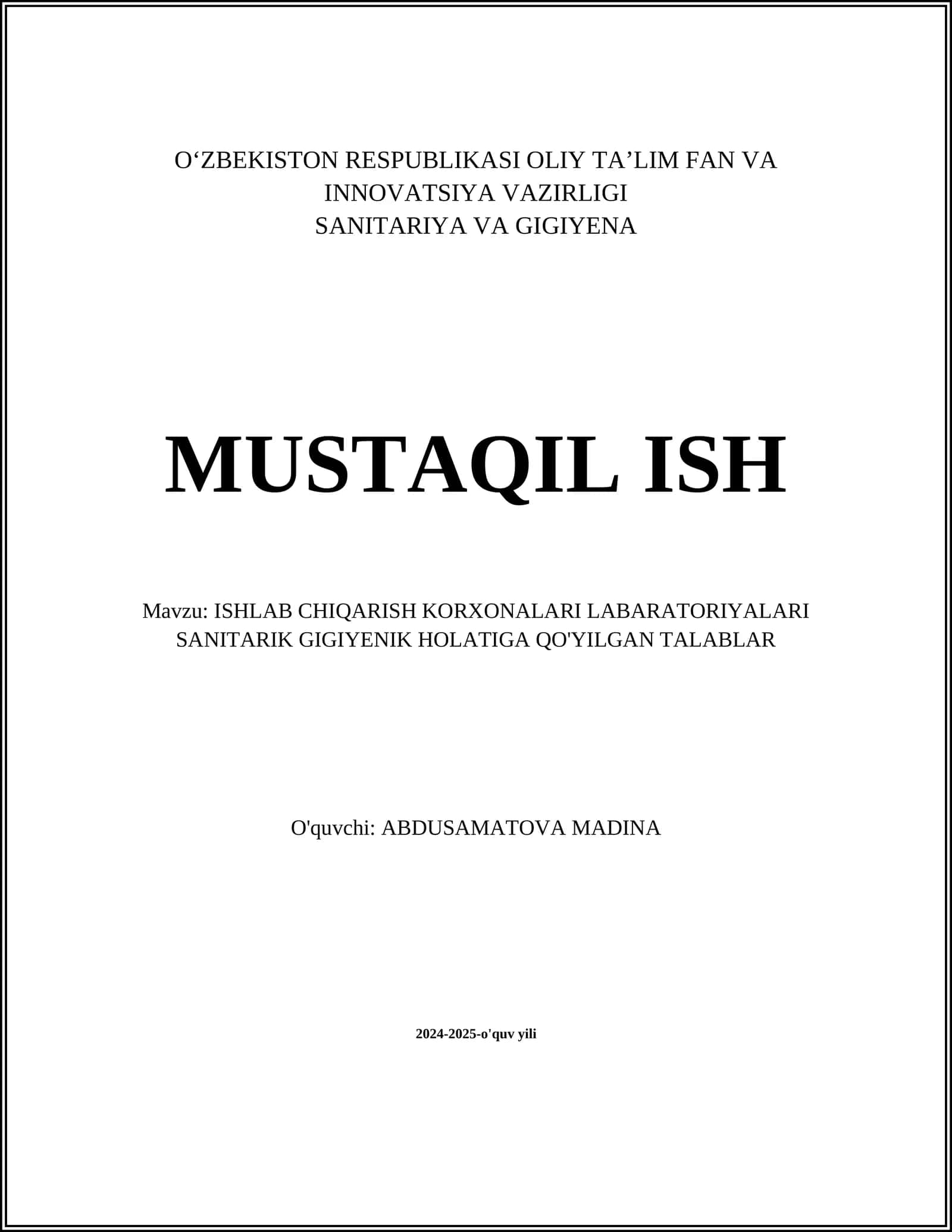 ISHLAB CHIQARISH KORXONALARI LABARATORIYALARI SANITARIK GIGIYENIK HOLATIGA QO'YILGAN TALABLAR 1