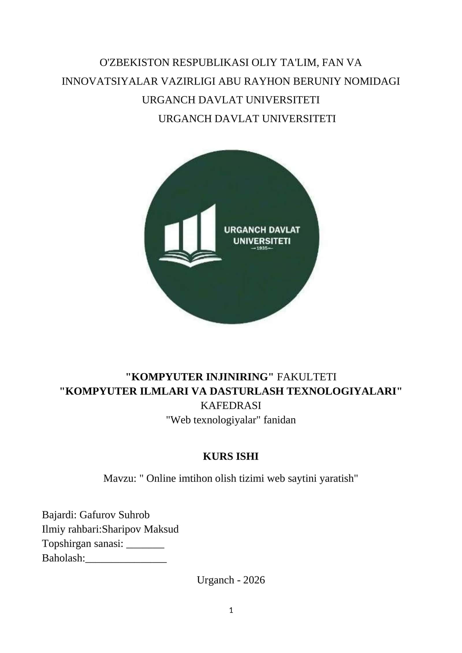 " Online imtihon olish tizimi web saytini yaratish" 1