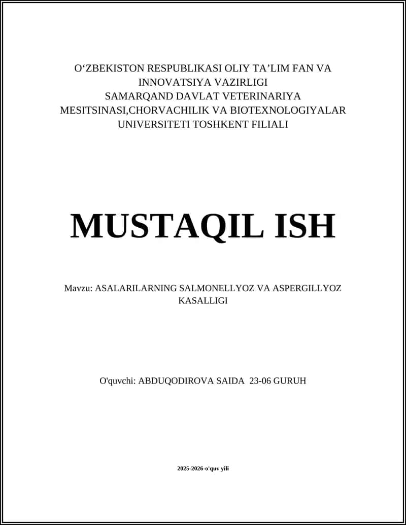 ASALARILARNING SALMONELLYOZ VA ASPERGILLYOZ KASALLIGI 1