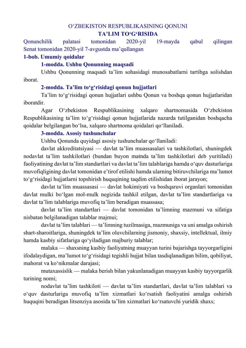 O'zbekiston Respublikasining Qonuni Ta'lim To'g'risida 1