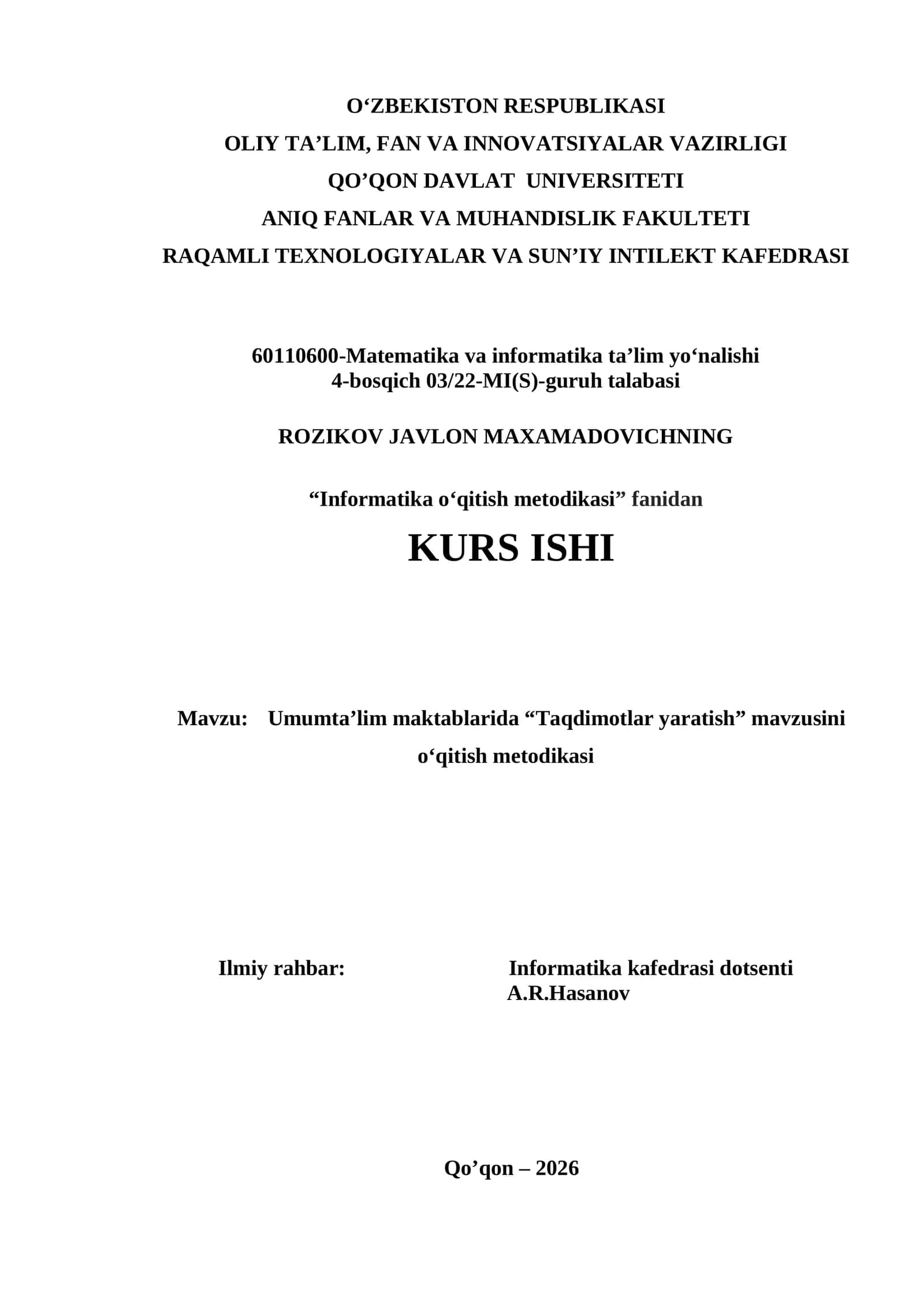 Informatika o‘qitish metodikasi 1