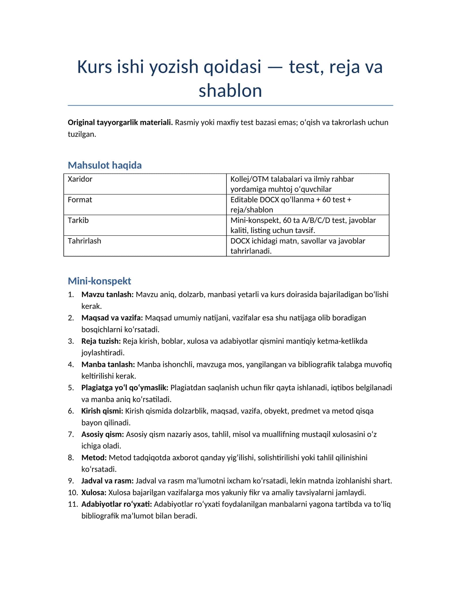 Kurs ishi yozish qoidasi — test, reja va shablon 1