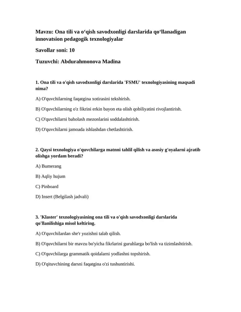 Ona tili va oʻqish savodxonligi darslarida qoʻllanadigan innovatsion pedagogik texnologiyalar 1