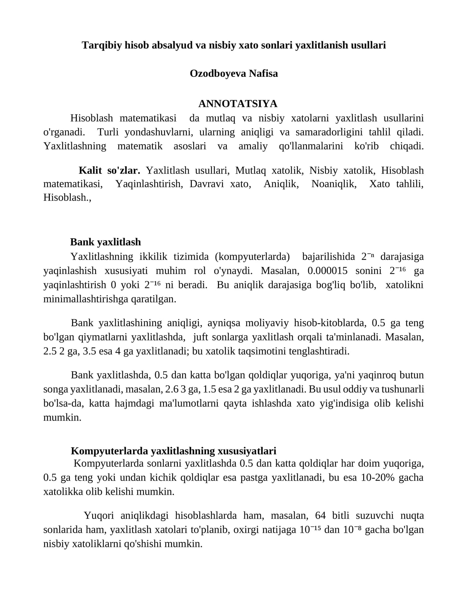 Hisoblash matematikasi da mutlaq va nisbiy xatolarni yaxlitlash usullari 1
