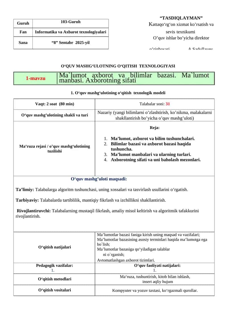 1-mavzu Ma`lumot axborot va bilimlar bazasi. Ma`lumot manbasi. Axborotning sifati 1