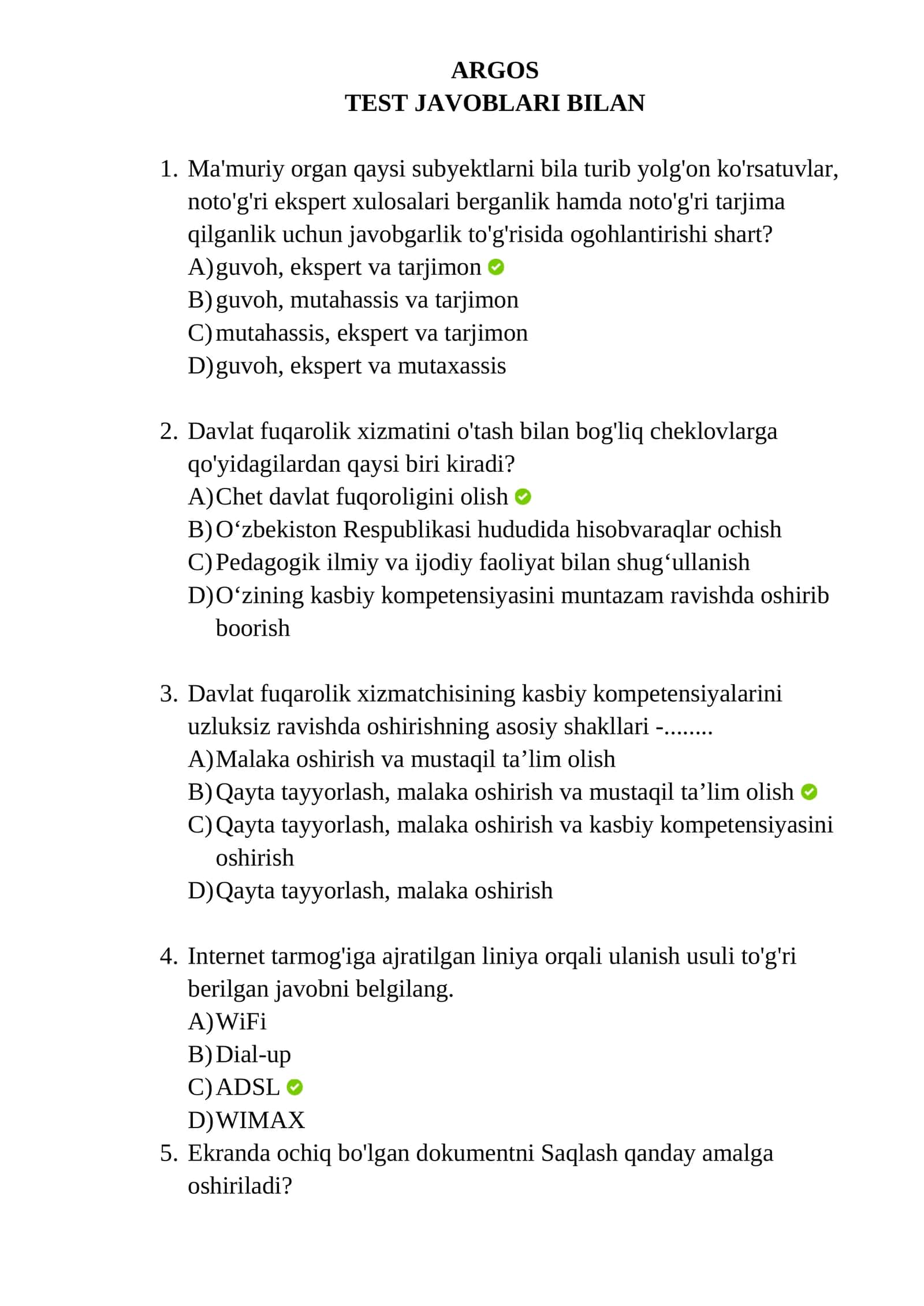 ARGOS TEST JAVOBLARI BILAN 1