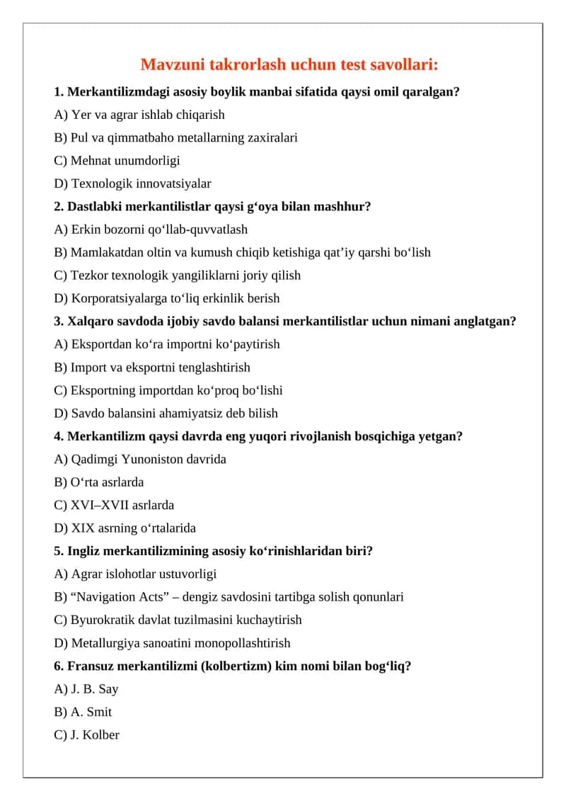 Test savollari Merkantilizm bo'yicha 20 ta javoblari bilan 1