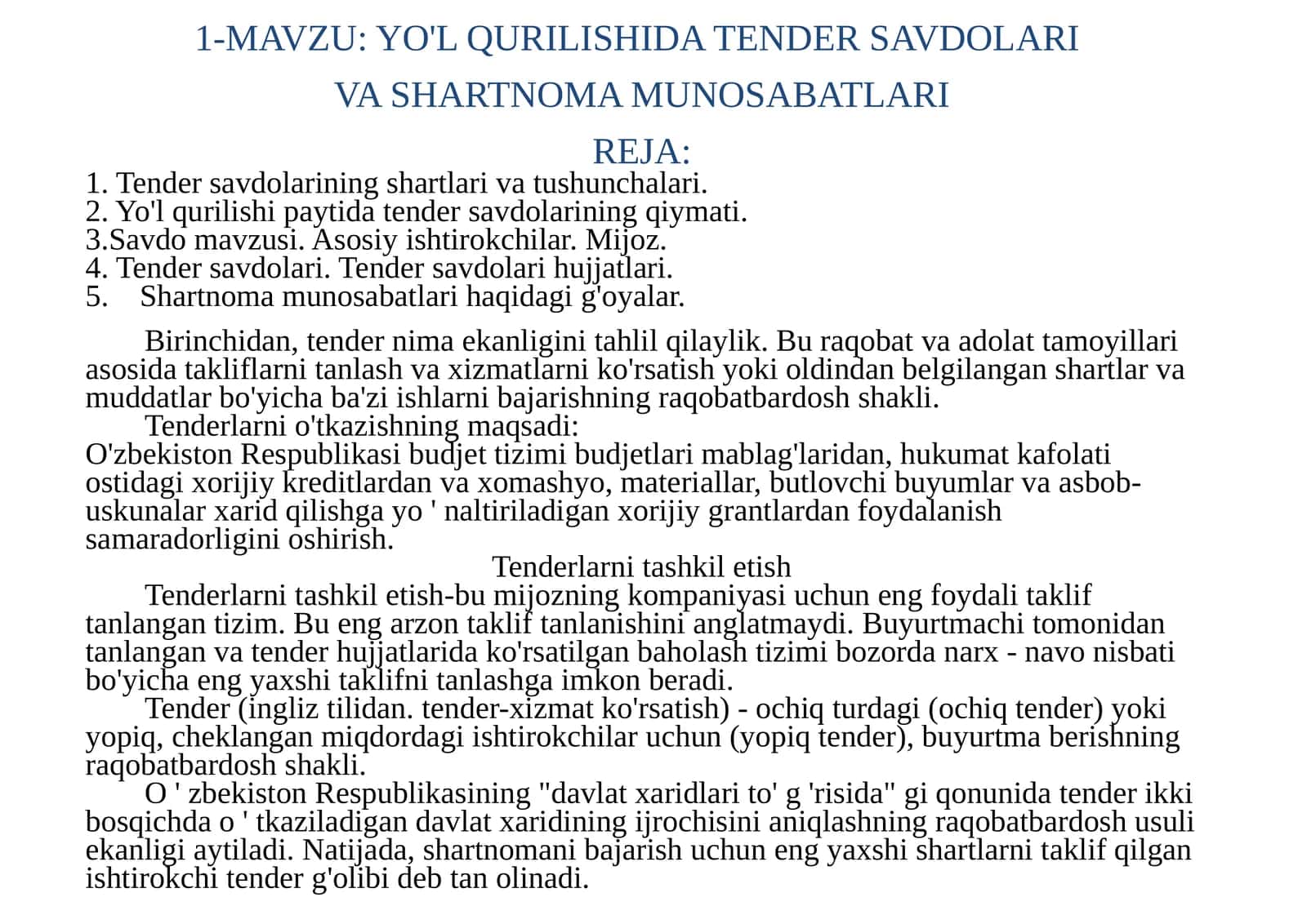 YO'L QURILISHIDA TENDER SAVDOLARI VASHARTNOMA MUNOSABATLARI 1