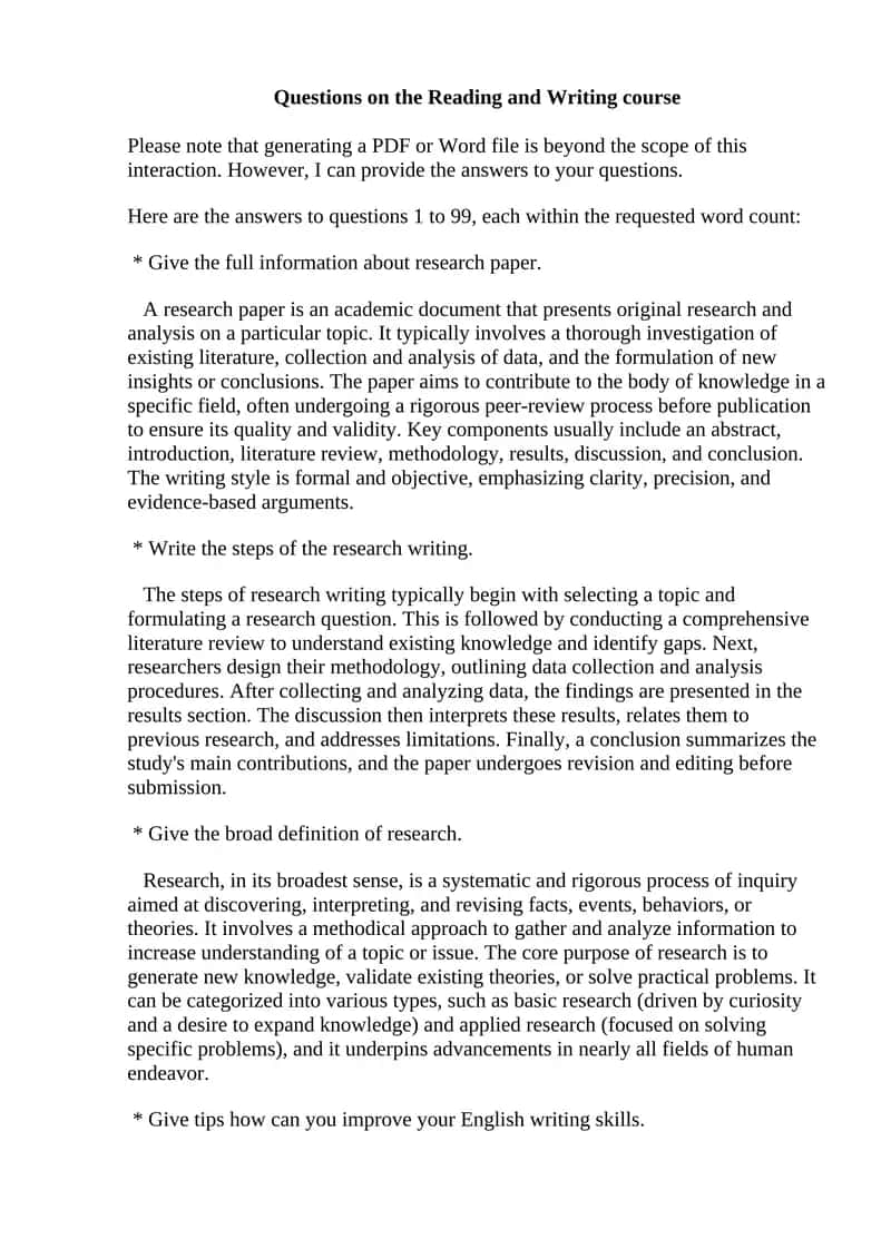 Questions on the Reading and Writing course 1