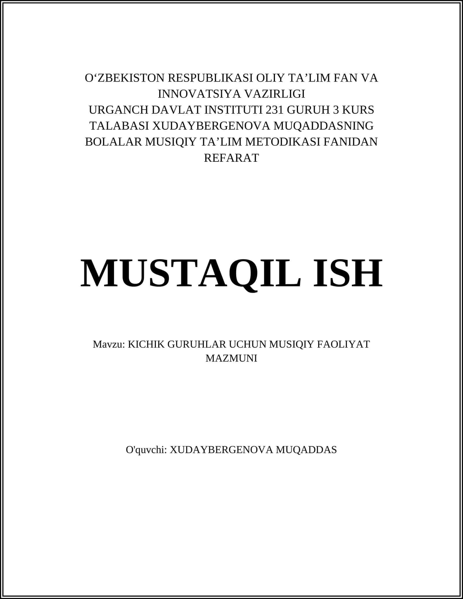 KICHIK GURUHLAR UCHUN MUSIQIY FAOLIYAT MAZMUNI 1