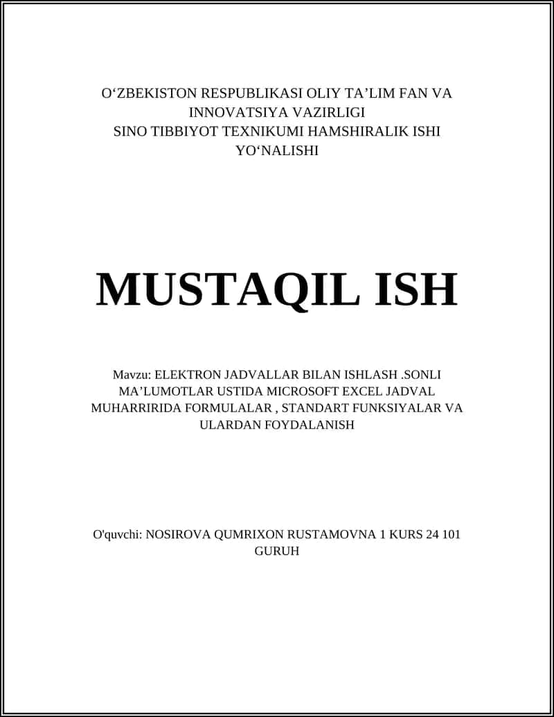 Excel dasturi 1