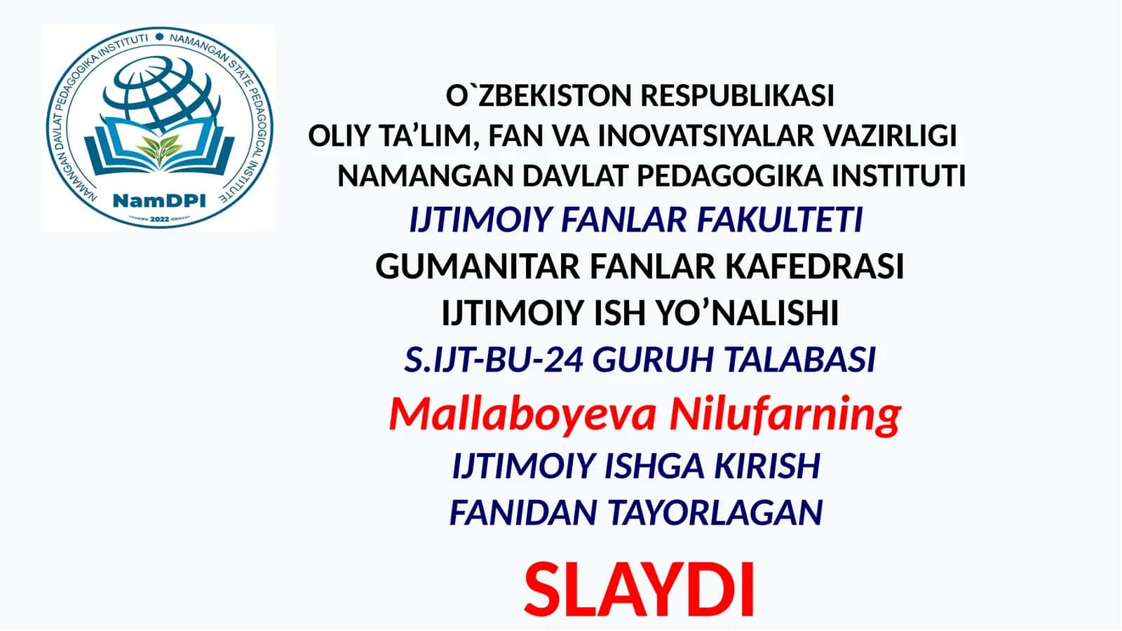 Slayd "Ijtimoiy ish va ijtimoiy taʼminot: asosiy tushuncha va istiqbollari" 1