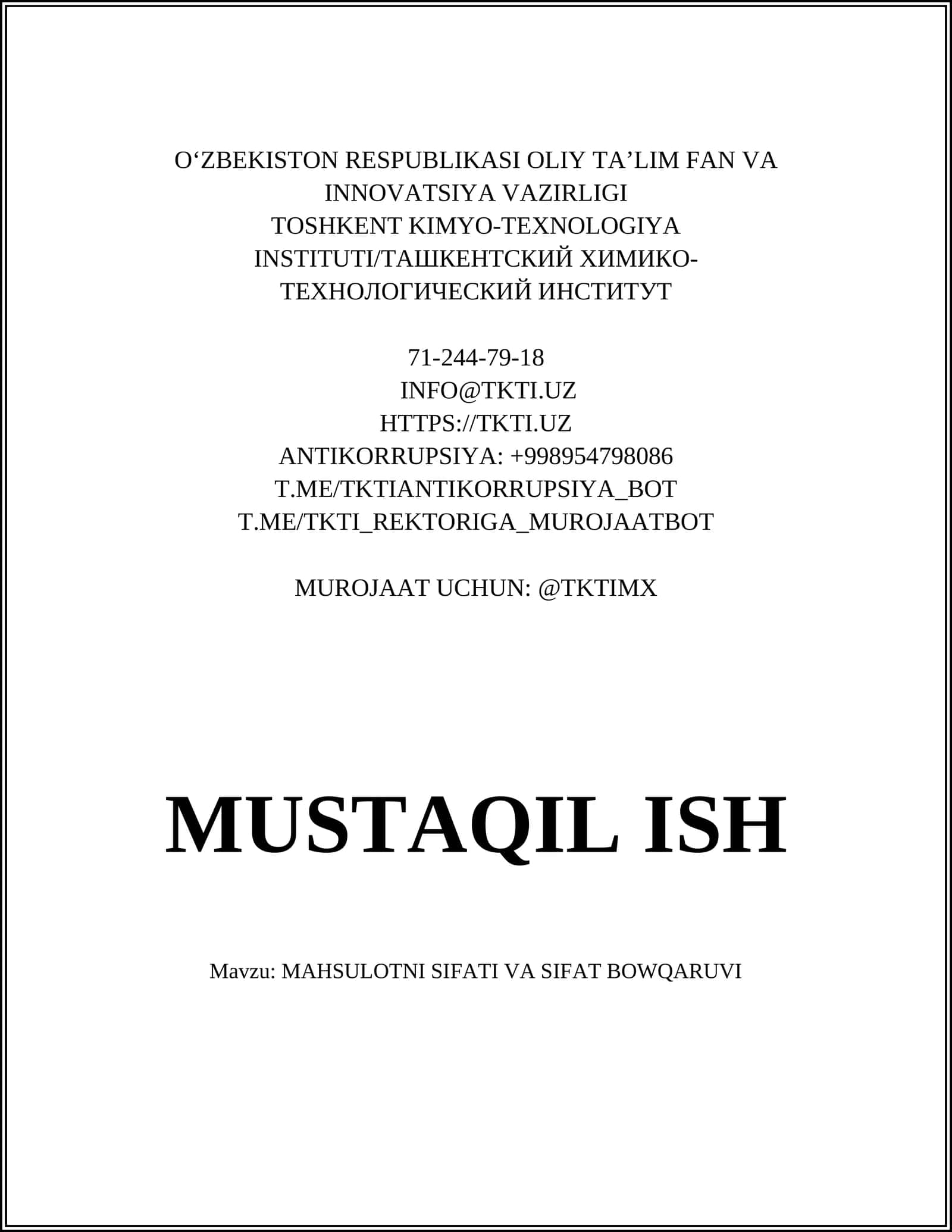 MAHSULOTNI SIFATI VA SIFAT BOWQARUVI 1