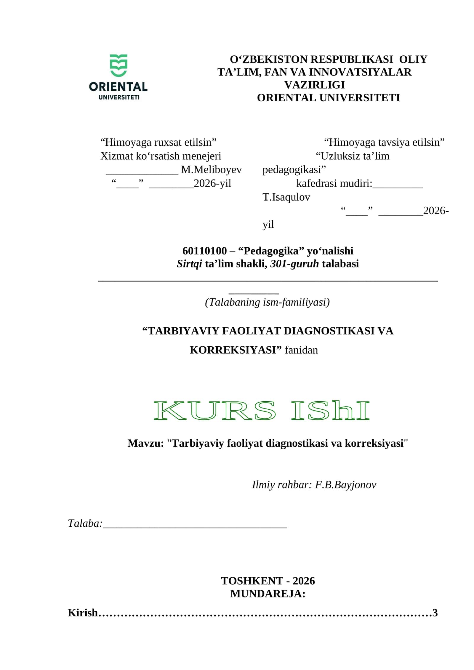 TARBIYAVIY FAOLIYAT DIAGNOSTIKASI VA KORREKSIYASI KURS IShI 1
