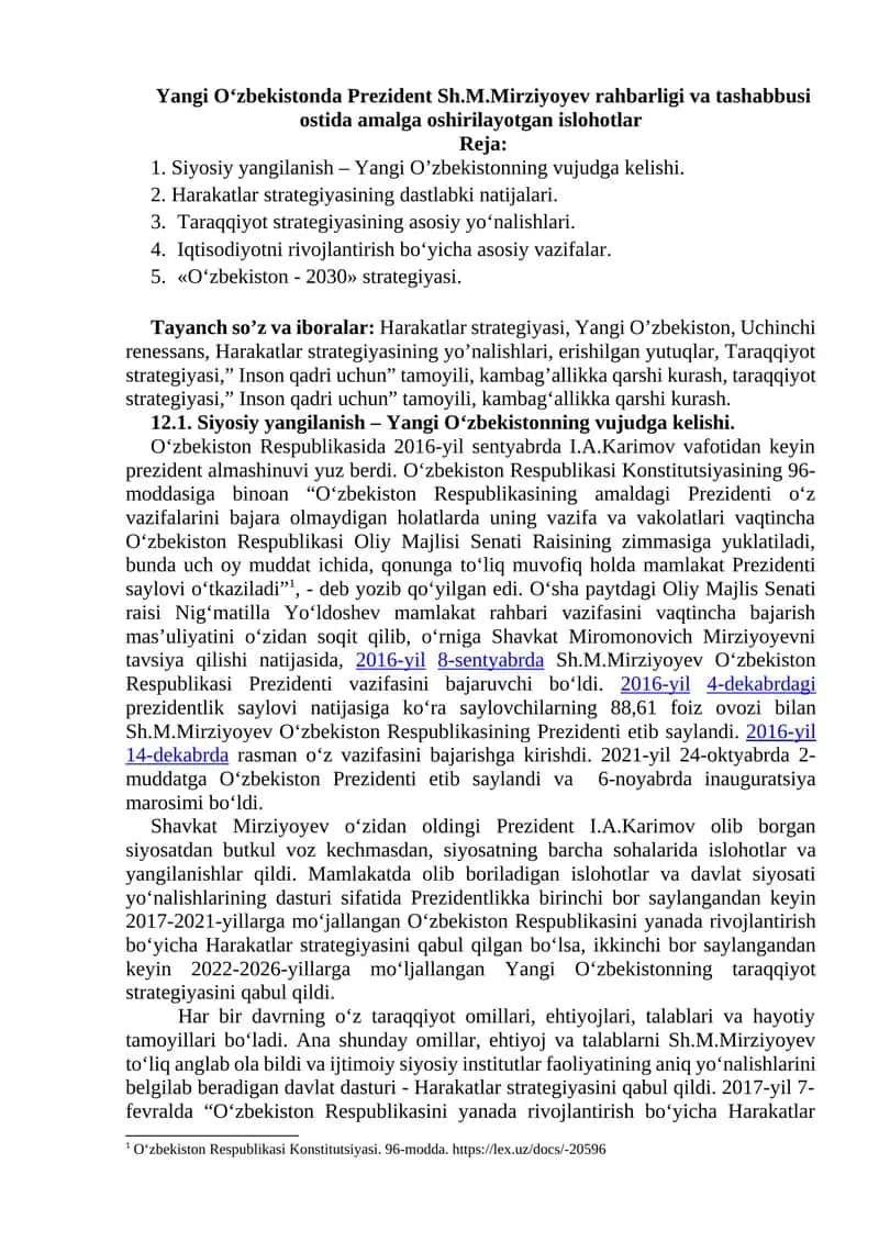 Yangi O‘zbekistonda Prezident Sh.M.Mirziyoyev rahbarligi va tashabbusi ostida amalga oshirilayotgan islohotlar 1