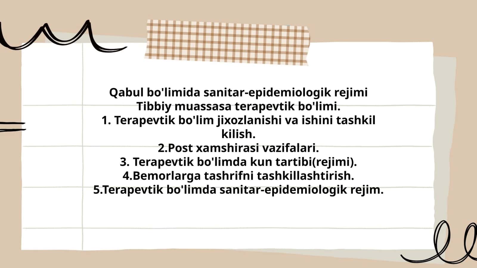 Sanitar-epidemiologik rejim Tibbiy muassasa terapevtik bo'limi 1