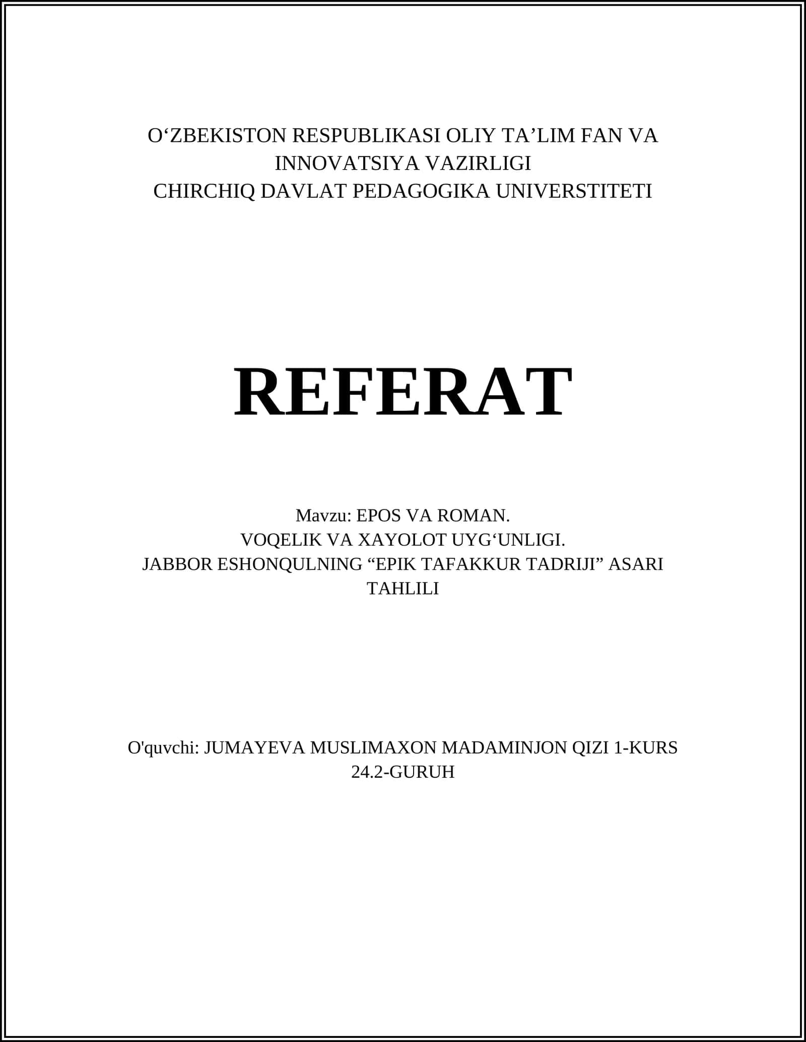 EPOS VA ROMAN: TA’RIF VA SOHA DOIRASI 1